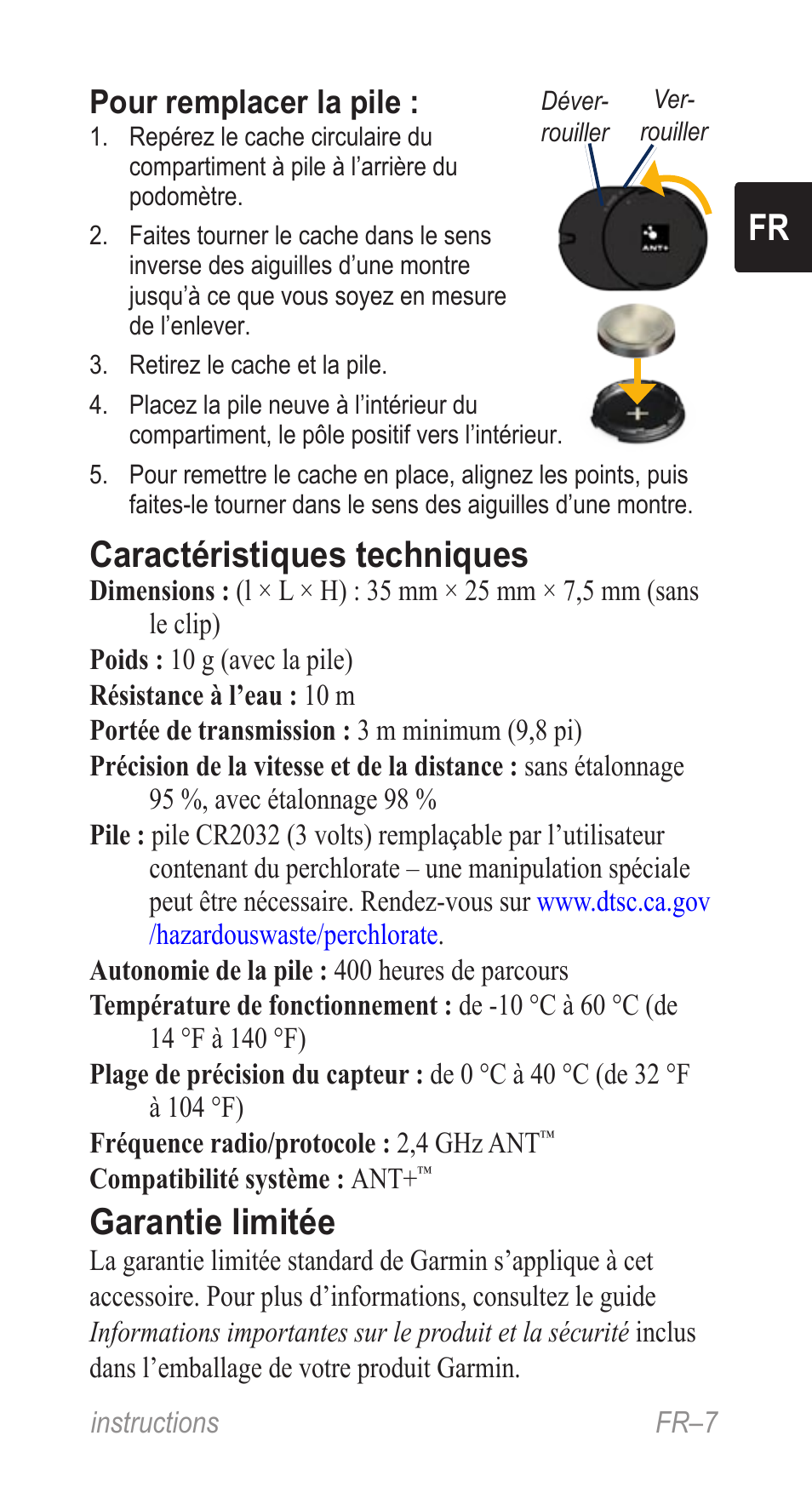 Caractéristiques techniques, Garantie limitée, Pour remplacer la pile | Garmin Music Pedal User Manual | Page 7 / 36