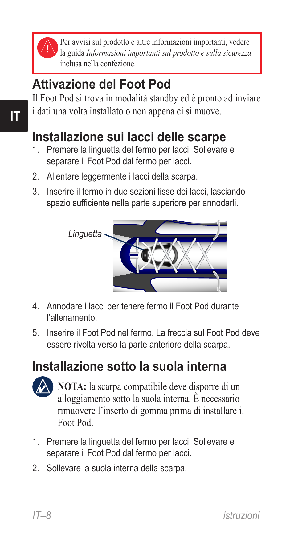 Istruzioni (it), Attivazione del foot pod, Installazione sui lacci delle scarpe | Installazione sotto la suola interna | Garmin Music Pedal User Manual | Page 8 / 36