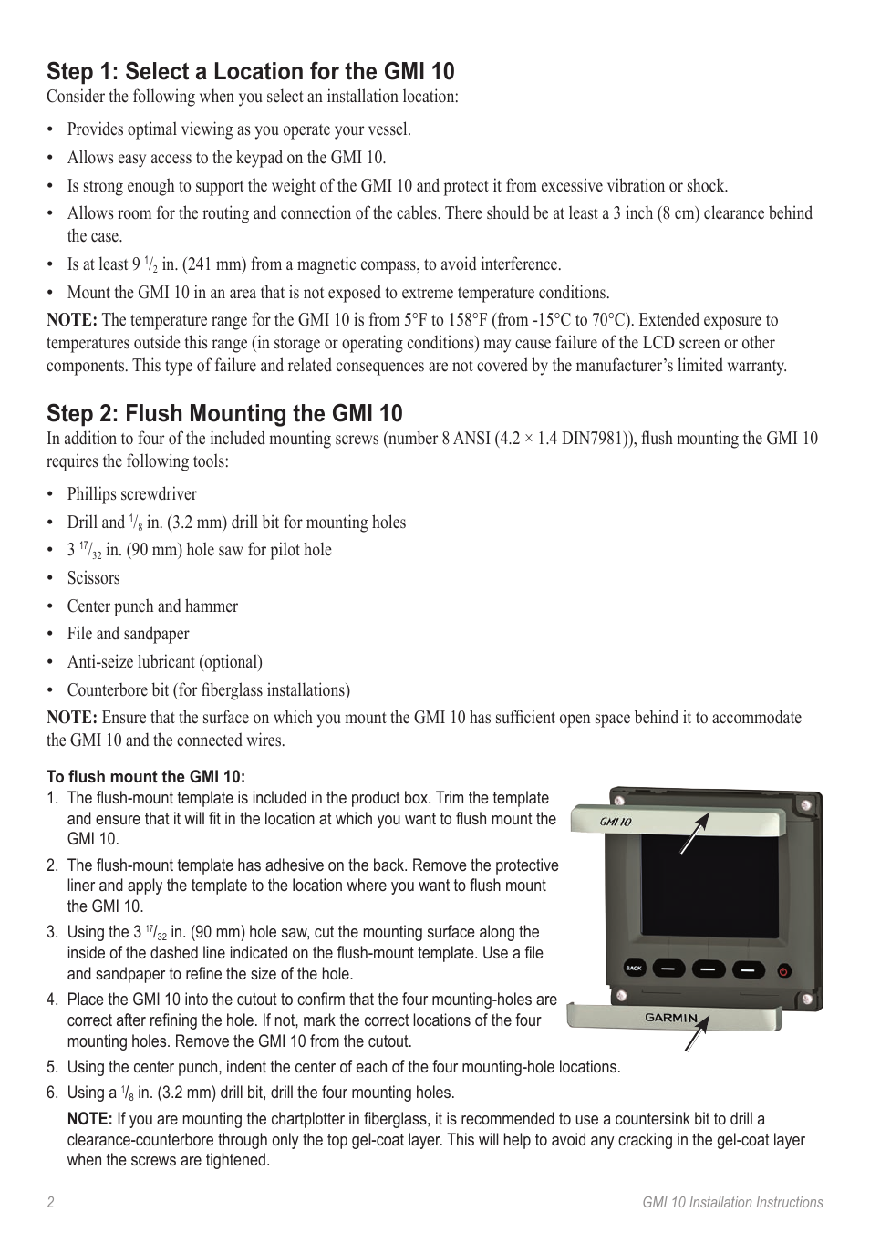 Step 1: select a location for the gmi 10, Step 2: flush mounting the gmi 10 | Garmin GMI 10 User Manual | Page 2 / 8