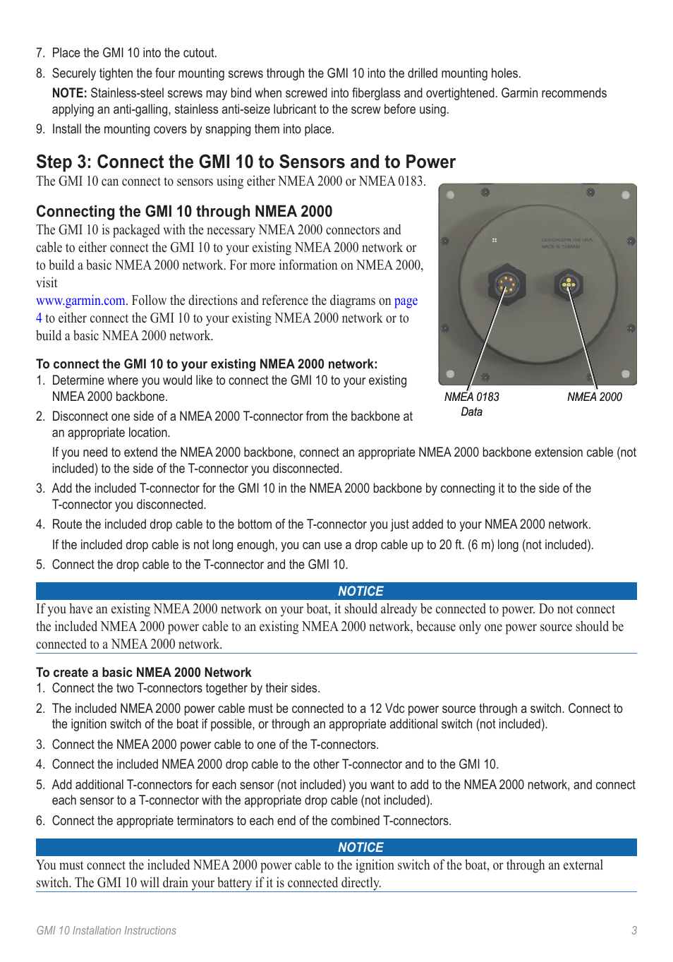 Step 3: connect the gmi 10 to sensors and to power, Connecting the gmi 10 through nmea 2000 | Garmin GMI 10 User Manual | Page 3 / 8