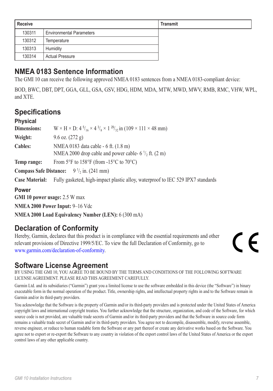 Nmea 0183 sentence information, Specifications, Declaration of conformity | Software license agreement | Garmin GMI 10 User Manual | Page 7 / 8