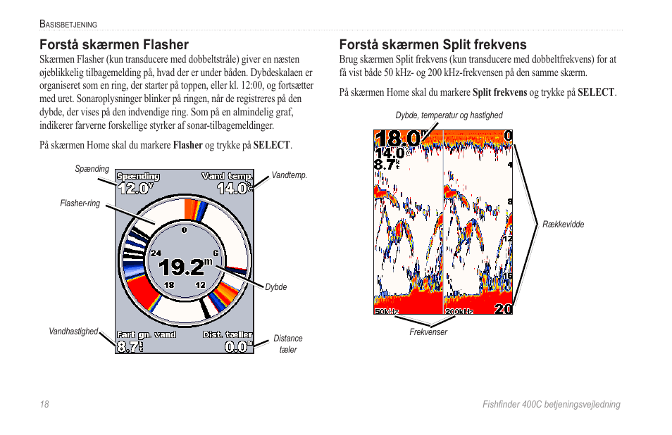 Forstå skærmen flasher, Forstå skærmen split frekvens, Side 18) | Side 18 | Garmin 400C User Manual | Page 24 / 40