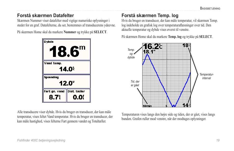 Forstå skærmen datafelter, Forstå skærmen temp. log, Side 19 | Garmin 400C User Manual | Page 25 / 40