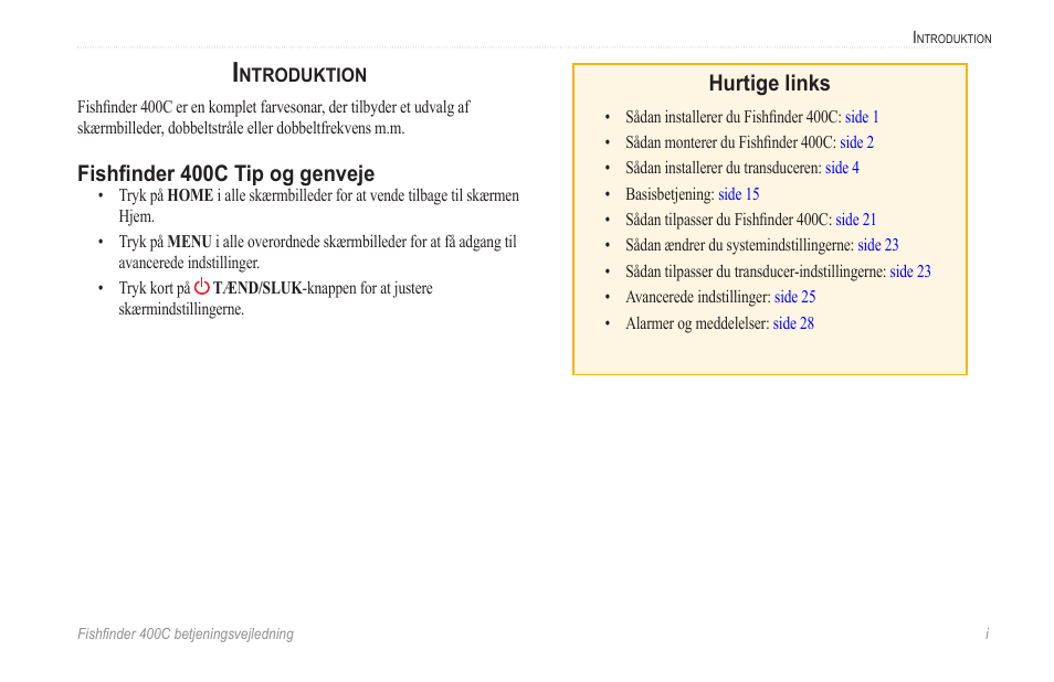 Introduktion, Fishfinder 400c tip og genveje, Hurtige links | Garmin 400C User Manual | Page 3 / 40