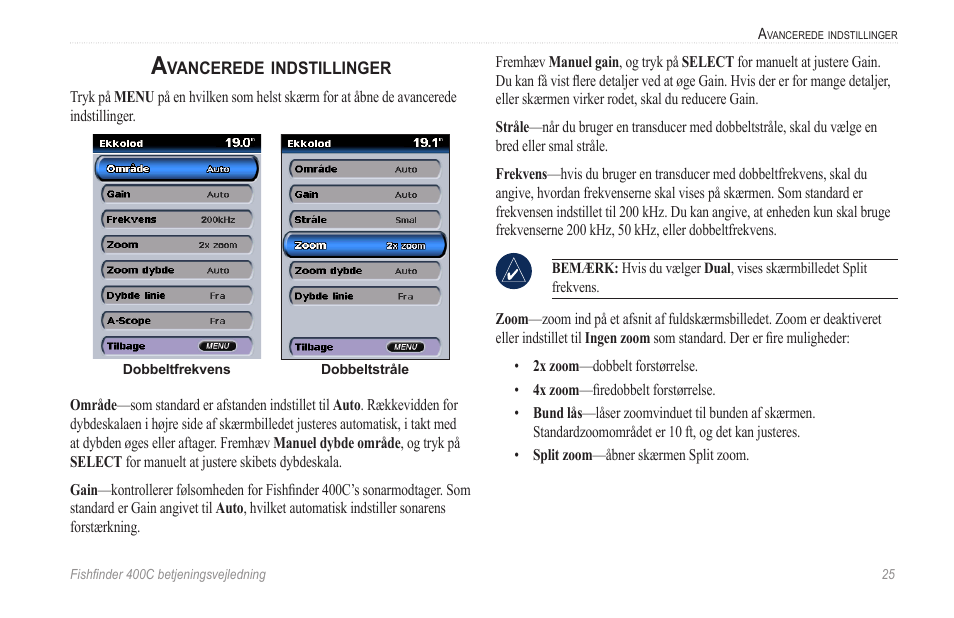 Avancerede indstillinger, Side 25 | Garmin 400C User Manual | Page 31 / 40