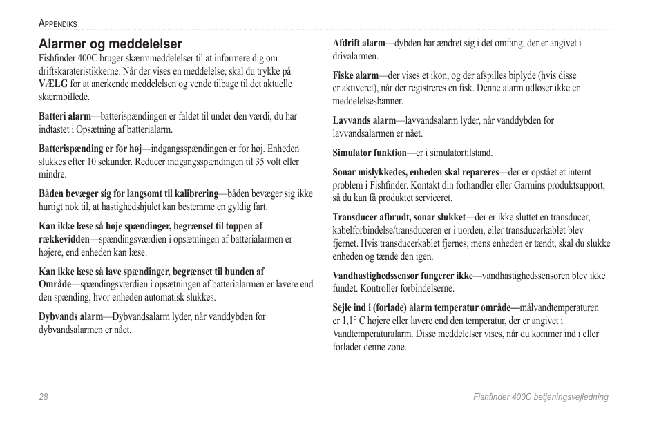 Alarmer og meddelelser, Side 28 | Garmin 400C User Manual | Page 34 / 40