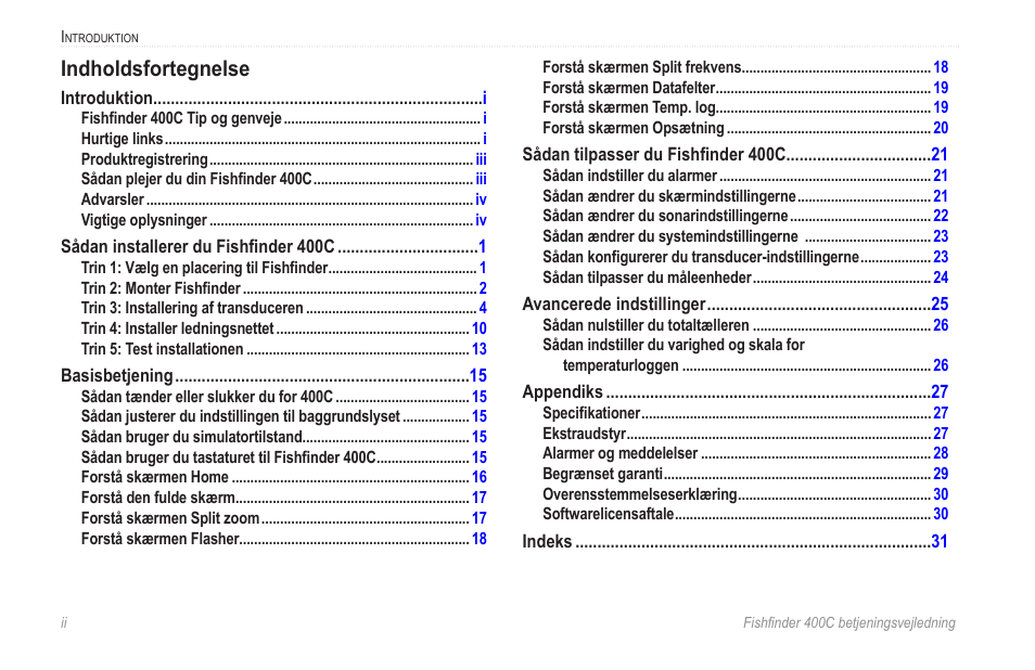 Indholdsfortegnelse | Garmin 400C User Manual | Page 4 / 40