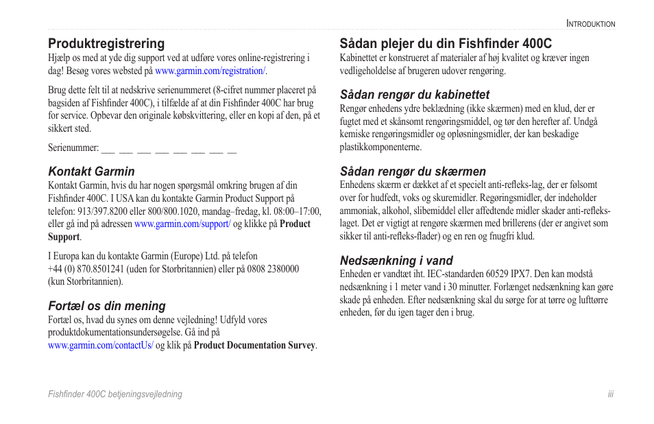 Produktregistrering, Sådan plejer du din fishfinder 400c | Garmin 400C User Manual | Page 5 / 40