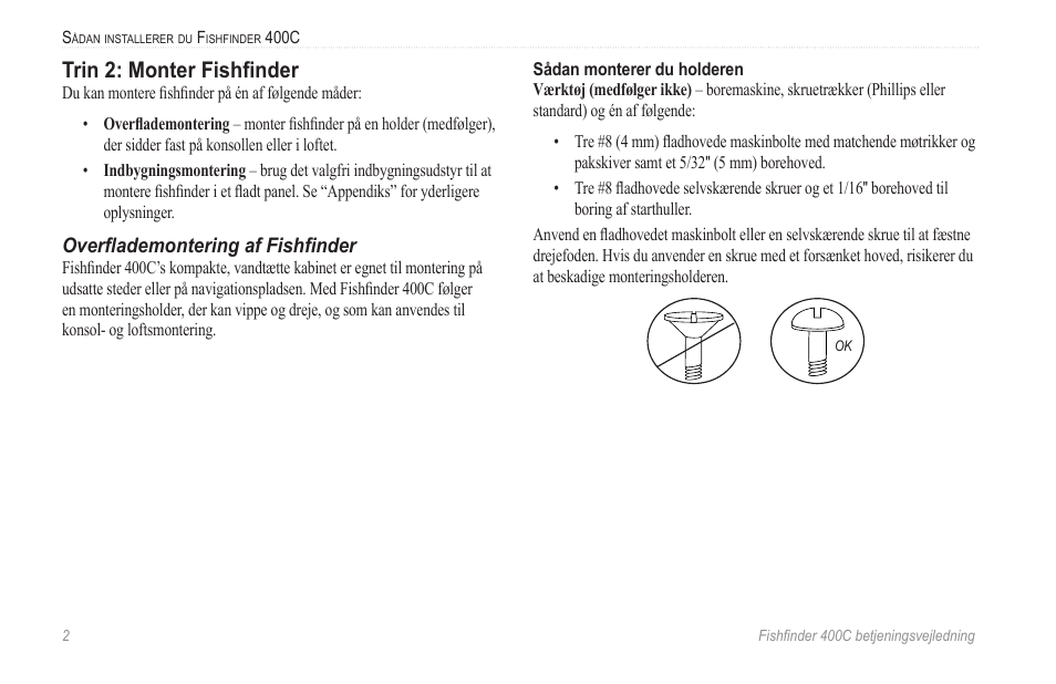 Trin 2: monter fishfinder, Side 2, Overflademontering af fishfinder | Garmin 400C User Manual | Page 8 / 40