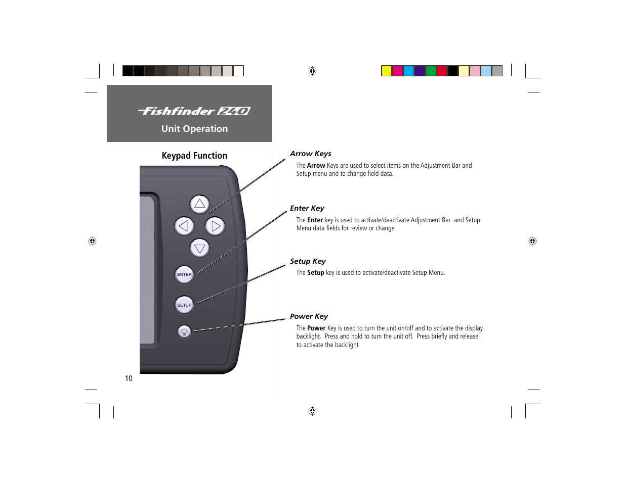 Unit operation keypad function | Garmin 240 User Manual | Page 18 / 50