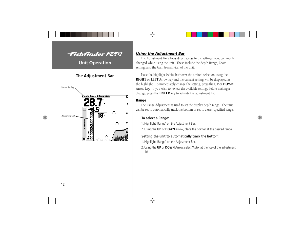 Unit operation the adjustment bar | Garmin 240 User Manual | Page 20 / 50