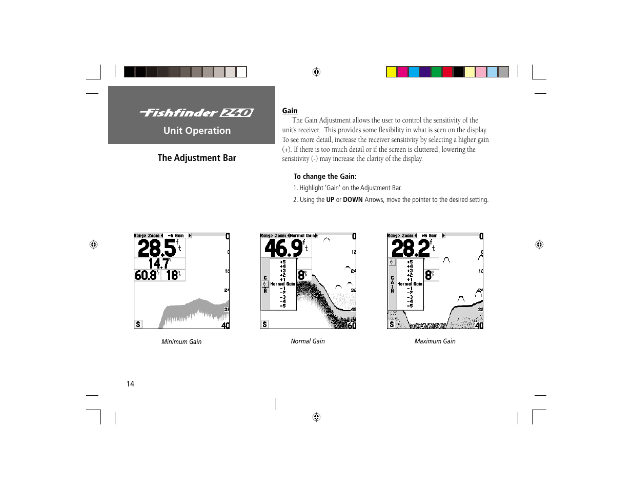 Unit operation, The adjustment bar | Garmin 240 User Manual | Page 22 / 50