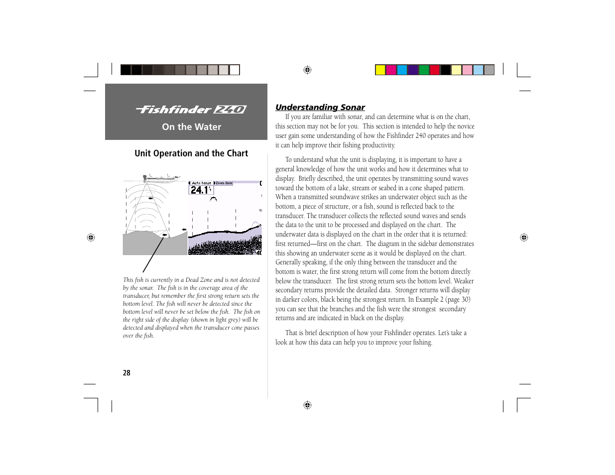 On the water, Unit operation and the chart | Garmin 240 User Manual | Page 36 / 50