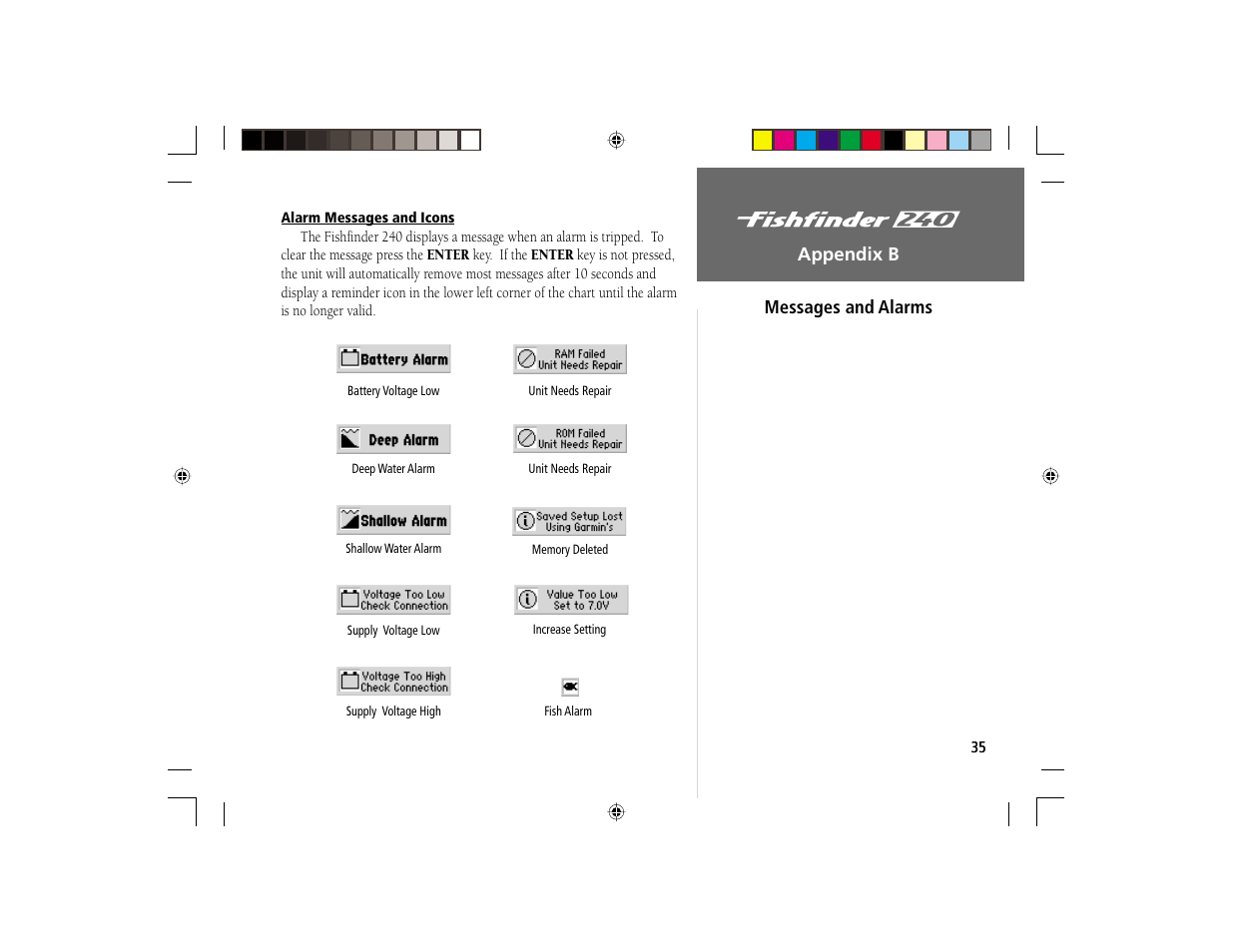 On the water, Appendix b, Messages and alarms | Garmin 240 User Manual | Page 43 / 50