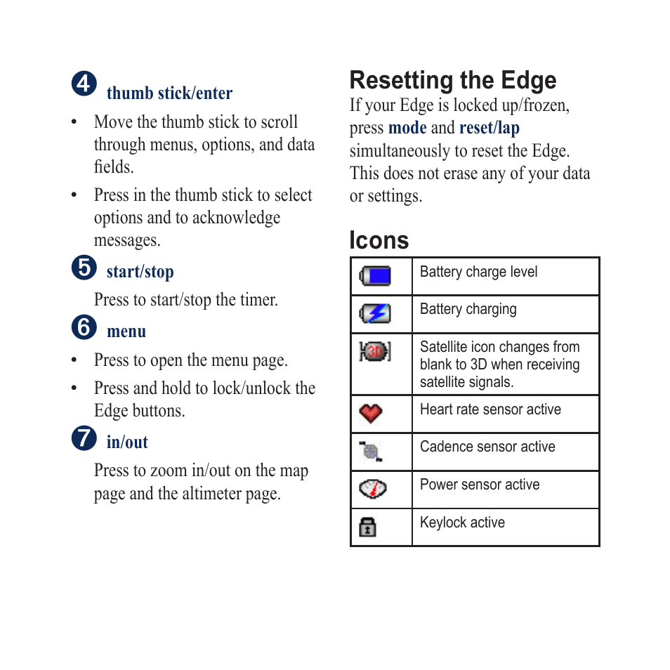 Resetting the edge, Icons | Garmin Edge 605 User Manual | Page 3 / 12