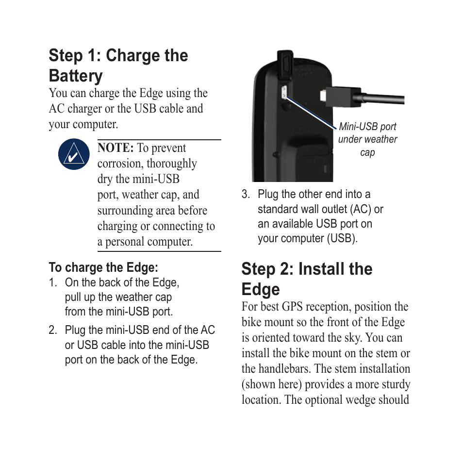 Step 1: charge the battery, Step 2: install the edge | Garmin Edge 605 User Manual | Page 4 / 12