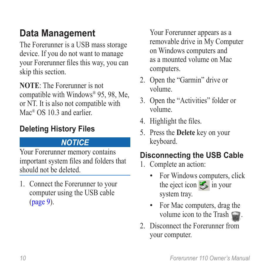 Data management | Garmin FORERUNNER 110 User Manual | Page 10 / 16