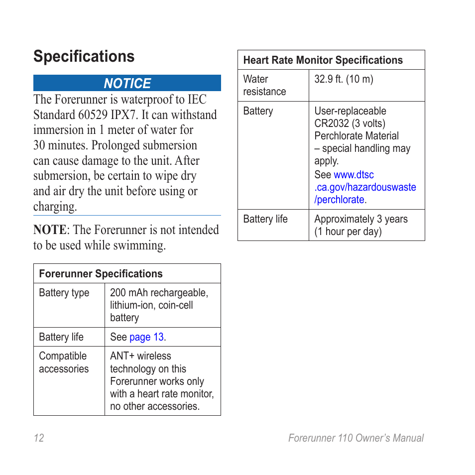 Specifications | Garmin FORERUNNER 110 User Manual | Page 12 / 16