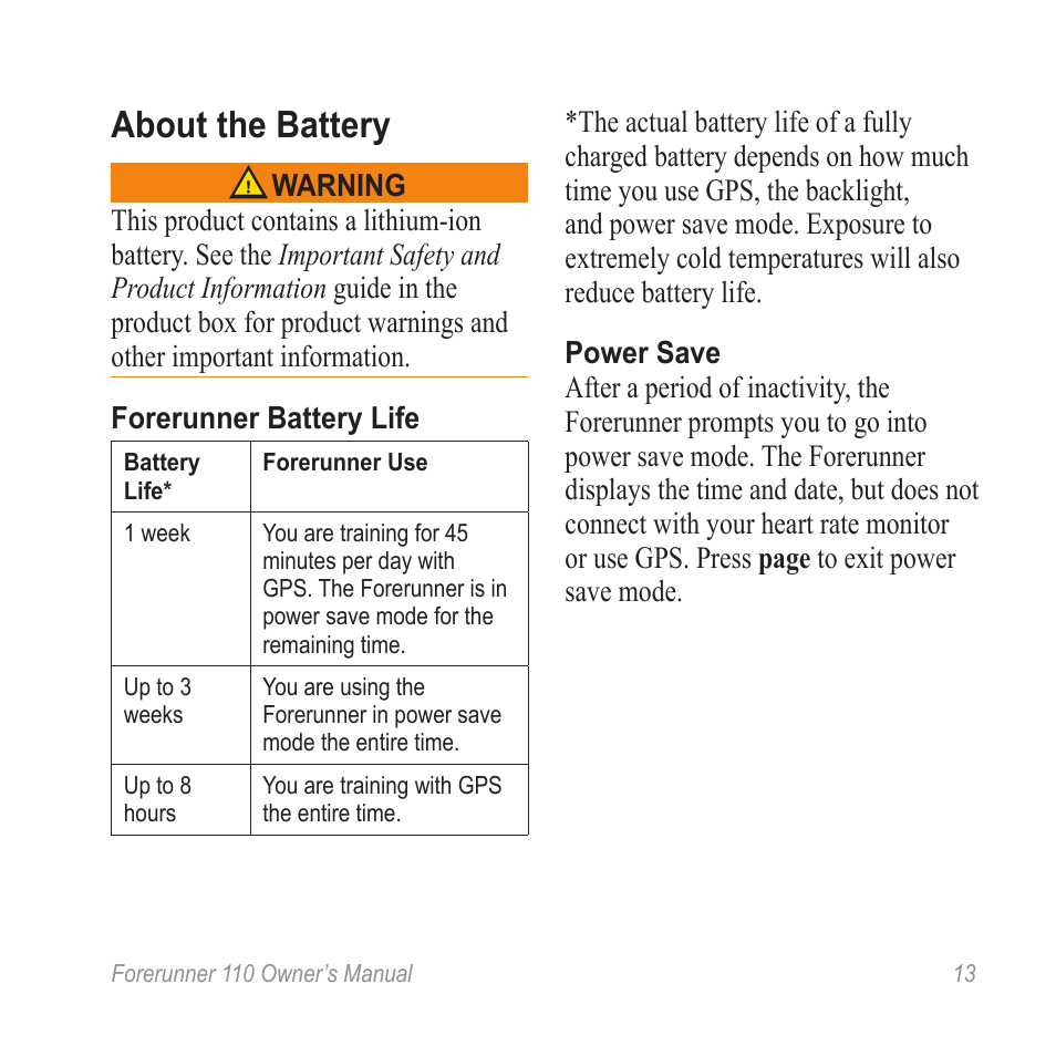 About the battery | Garmin FORERUNNER 110 User Manual | Page 13 / 16