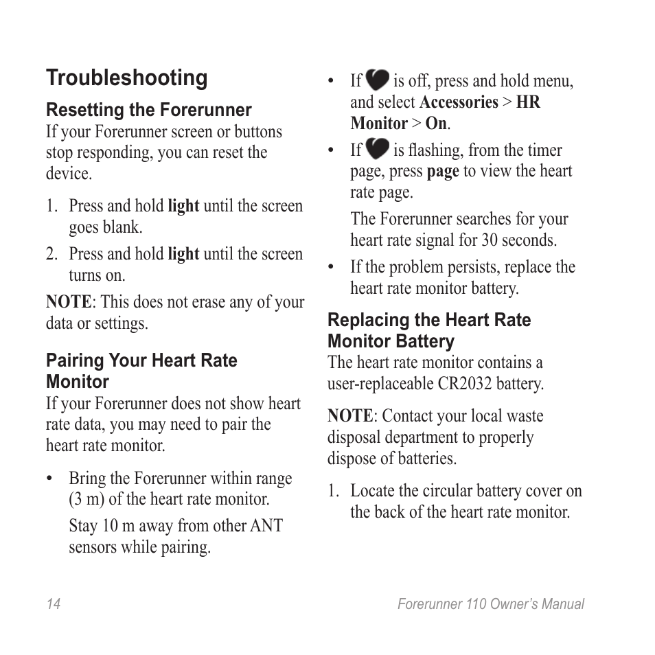 Troubleshooting | Garmin FORERUNNER 110 User Manual | Page 14 / 16