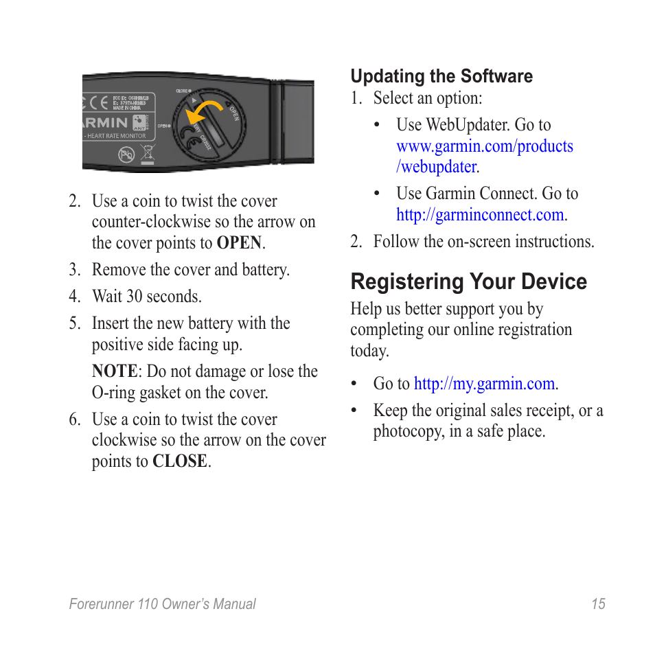 Registering your device | Garmin FORERUNNER 110 User Manual | Page 15 / 16