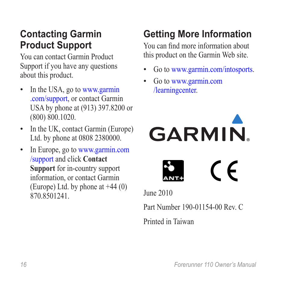 Contacting garmin product support, Getting more information | Garmin FORERUNNER 110 User Manual | Page 16 / 16