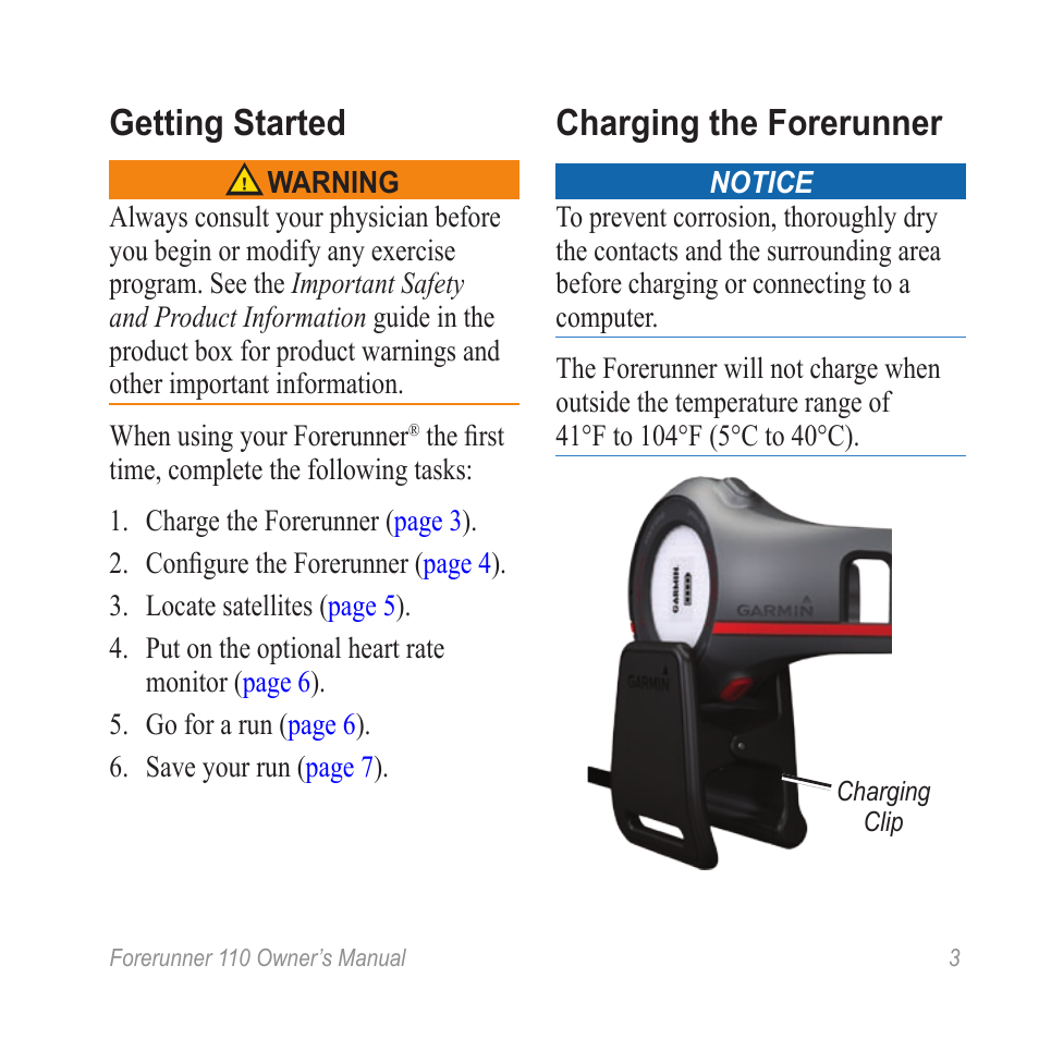 Getting started, Charging the forerunner | Garmin FORERUNNER 110 User Manual | Page 3 / 16