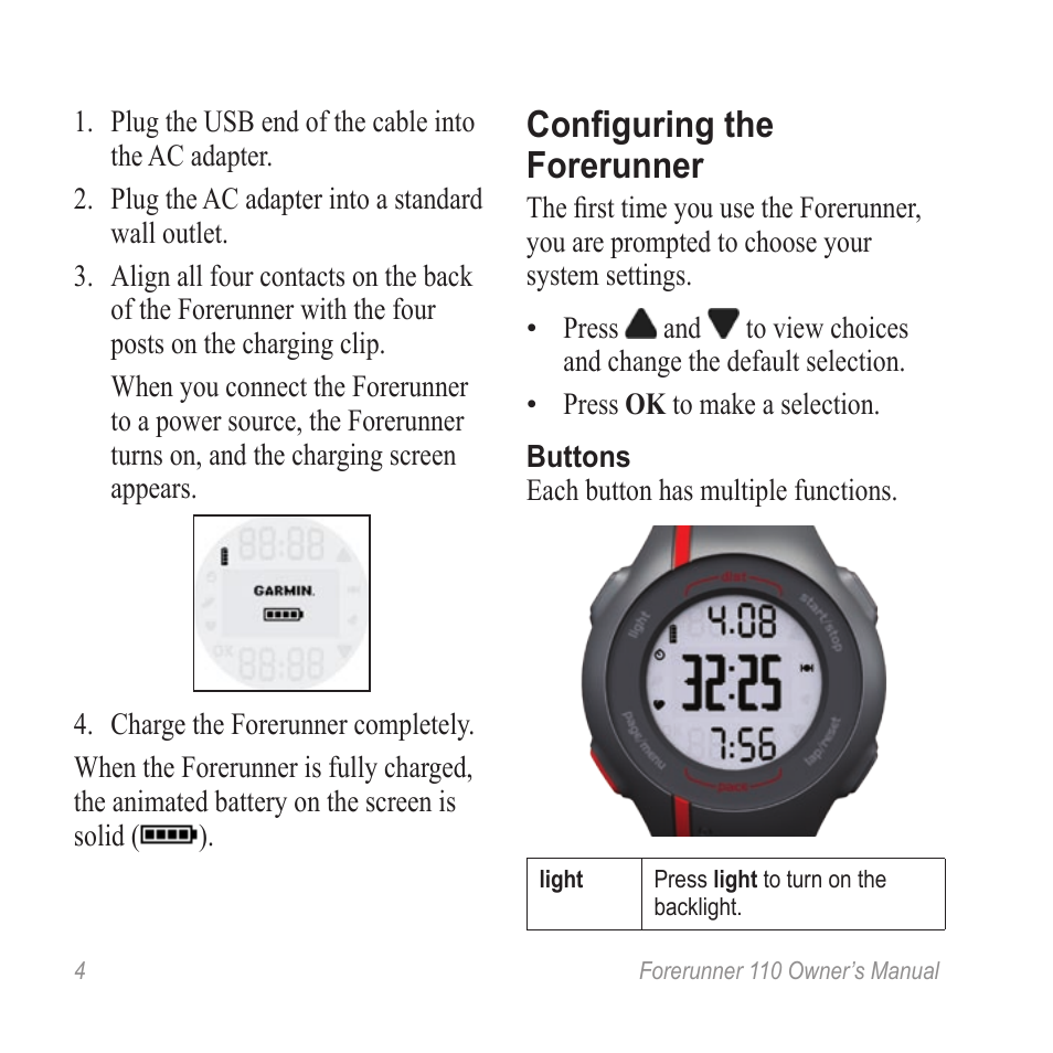 Configuring the forerunner | Garmin FORERUNNER 110 User Manual | Page 4 / 16