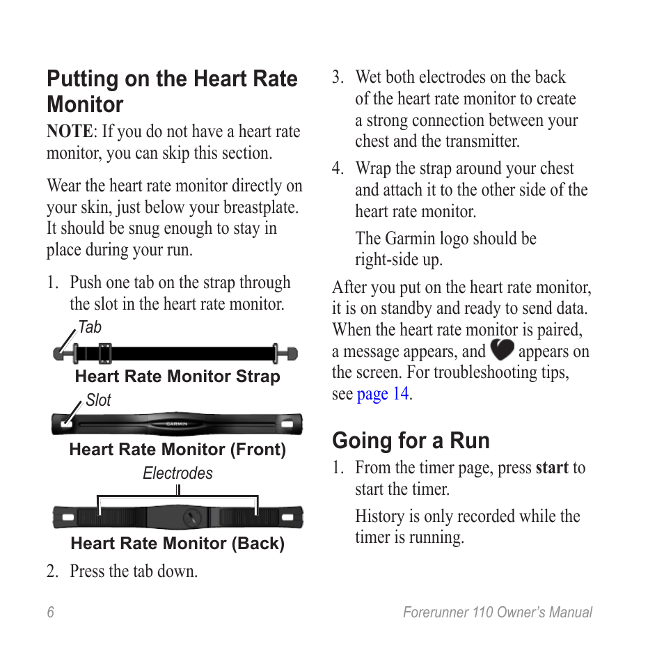 Go for a run, Putting on the heart rate monitor, Going for a run | Garmin FORERUNNER 110 User Manual | Page 6 / 16