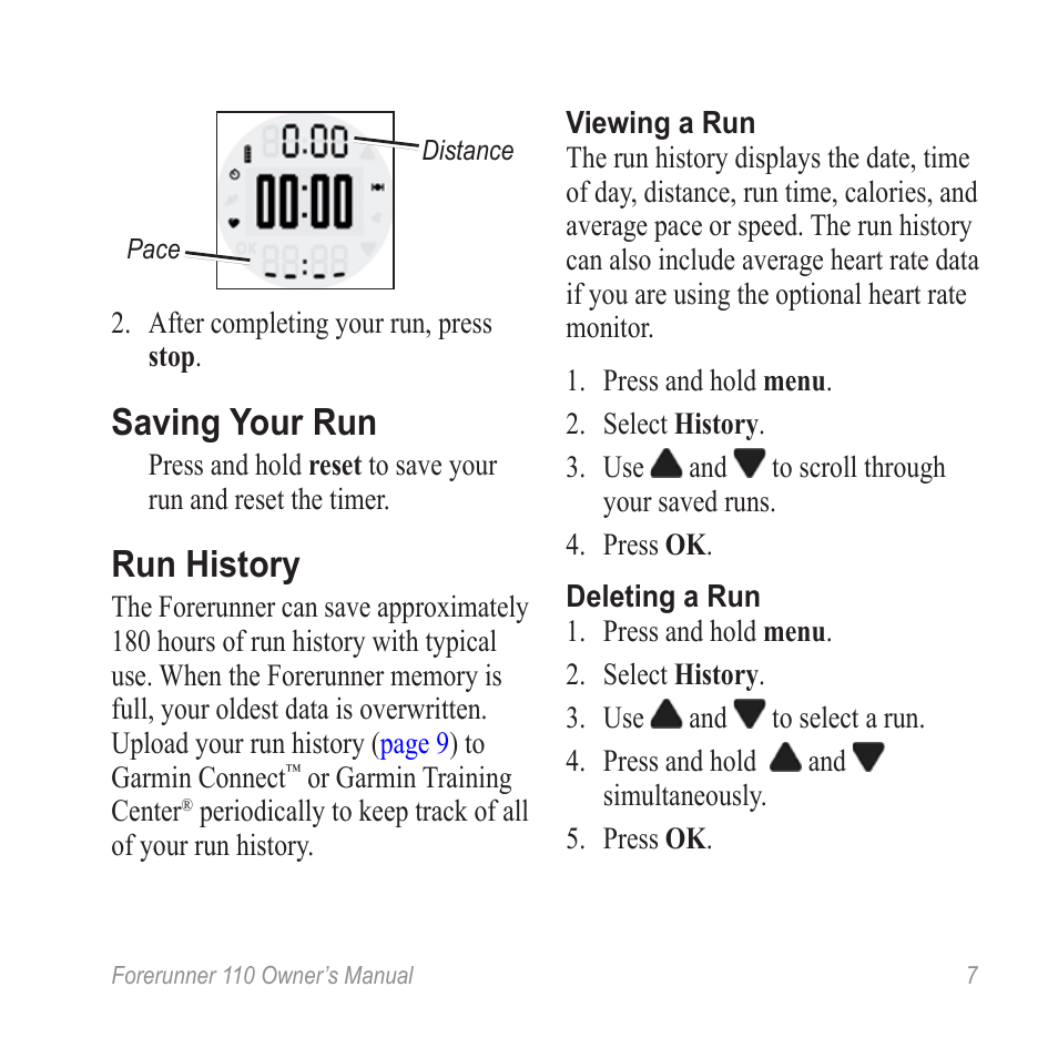 Saving your run, Run history | Garmin FORERUNNER 110 User Manual | Page 7 / 16