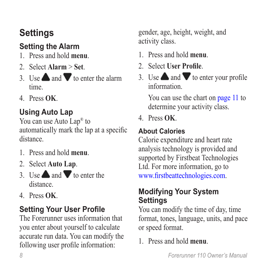 Settings | Garmin FORERUNNER 110 User Manual | Page 8 / 16