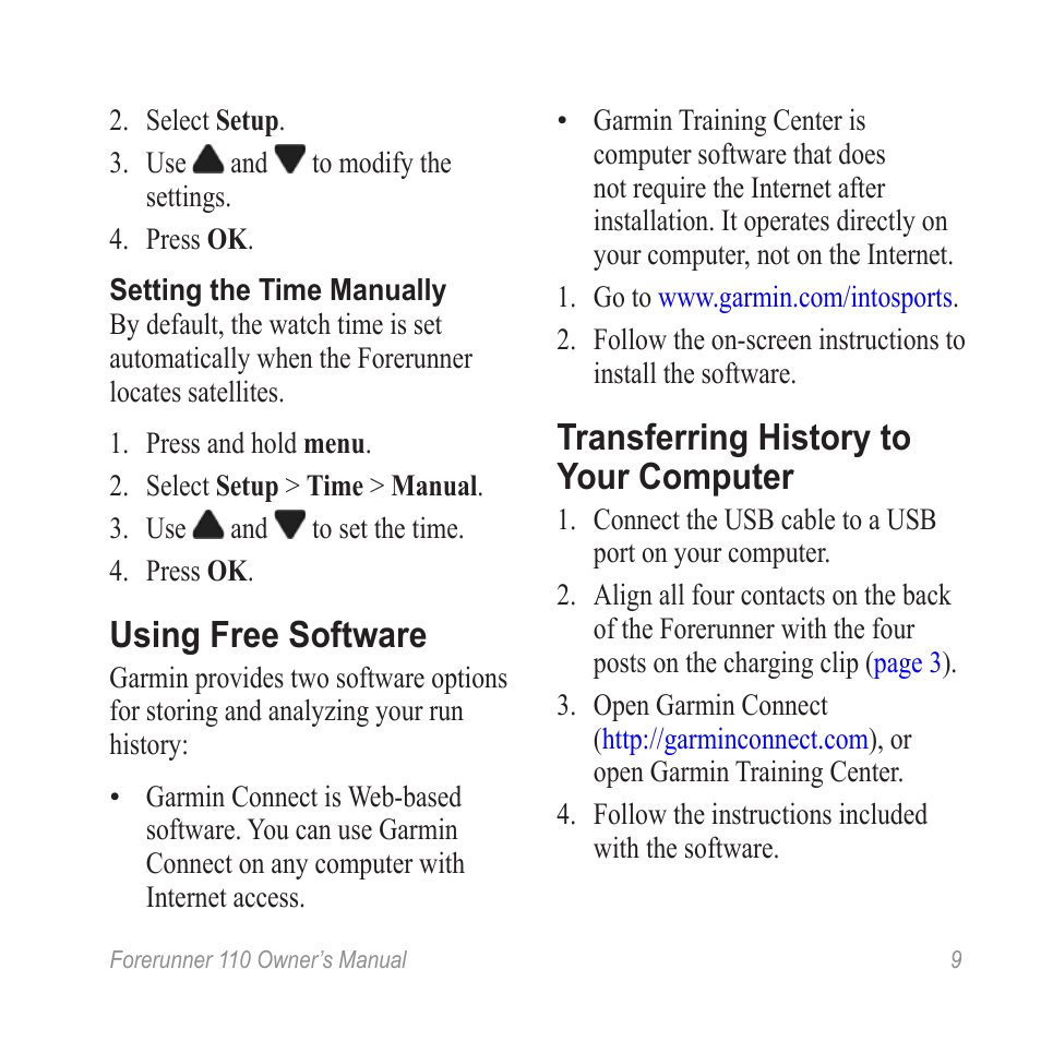 Using free software, Transferring history to your computer | Garmin FORERUNNER 110 User Manual | Page 9 / 16