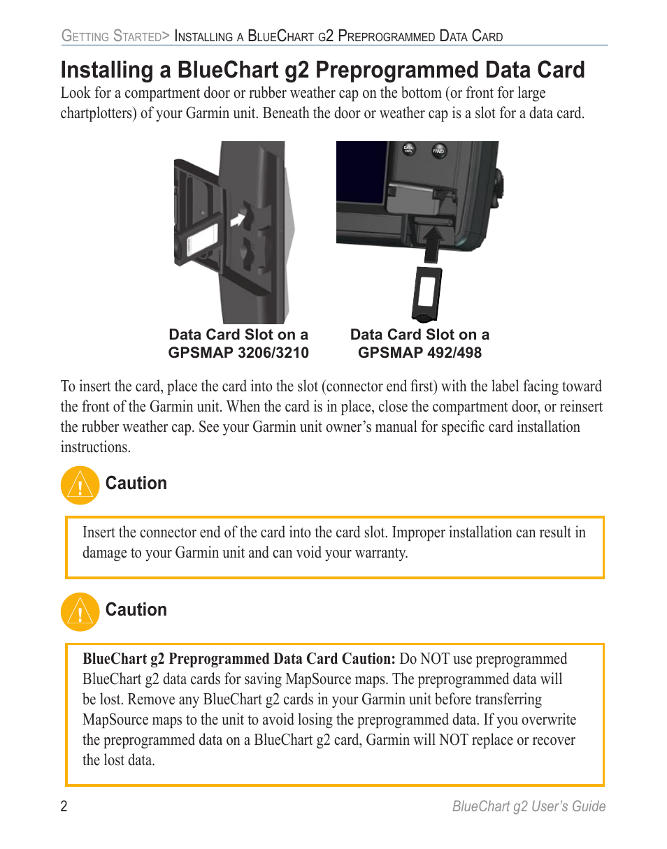 Installing a bluechart g2 preprogrammed data card, Caution | Garmin G2 User Manual | Page 10 / 24