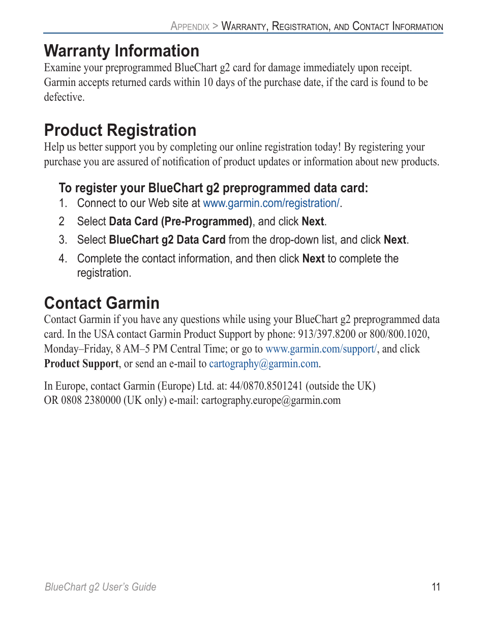 Warranty information, Product registration, Contact garmin | Garmin G2 User Manual | Page 19 / 24