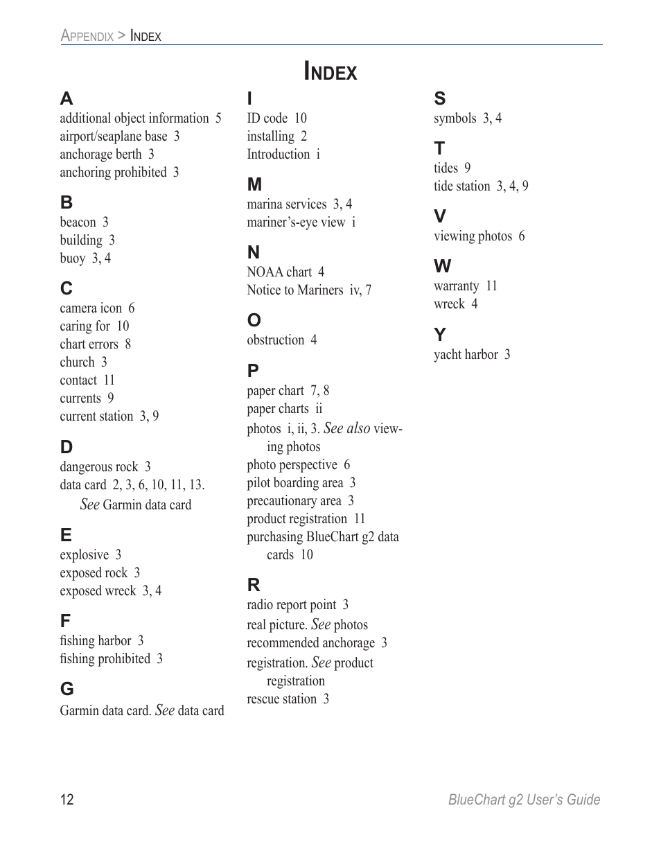 Index, Ndex | Garmin G2 User Manual | Page 20 / 24