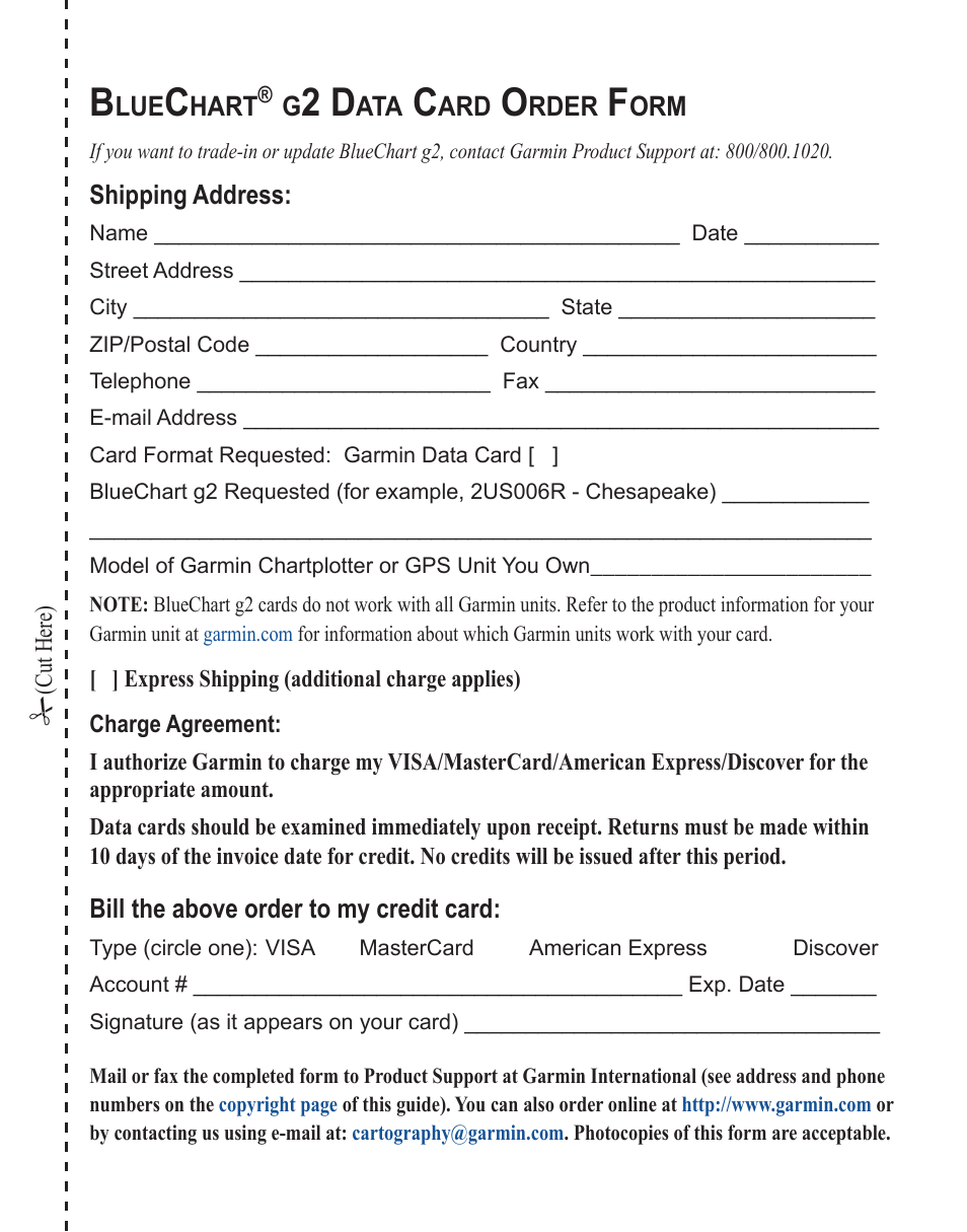 Bluechart® g2 data card order form, Bluechart, G2 data card order form | Garmin G2 User Manual | Page 21 / 24