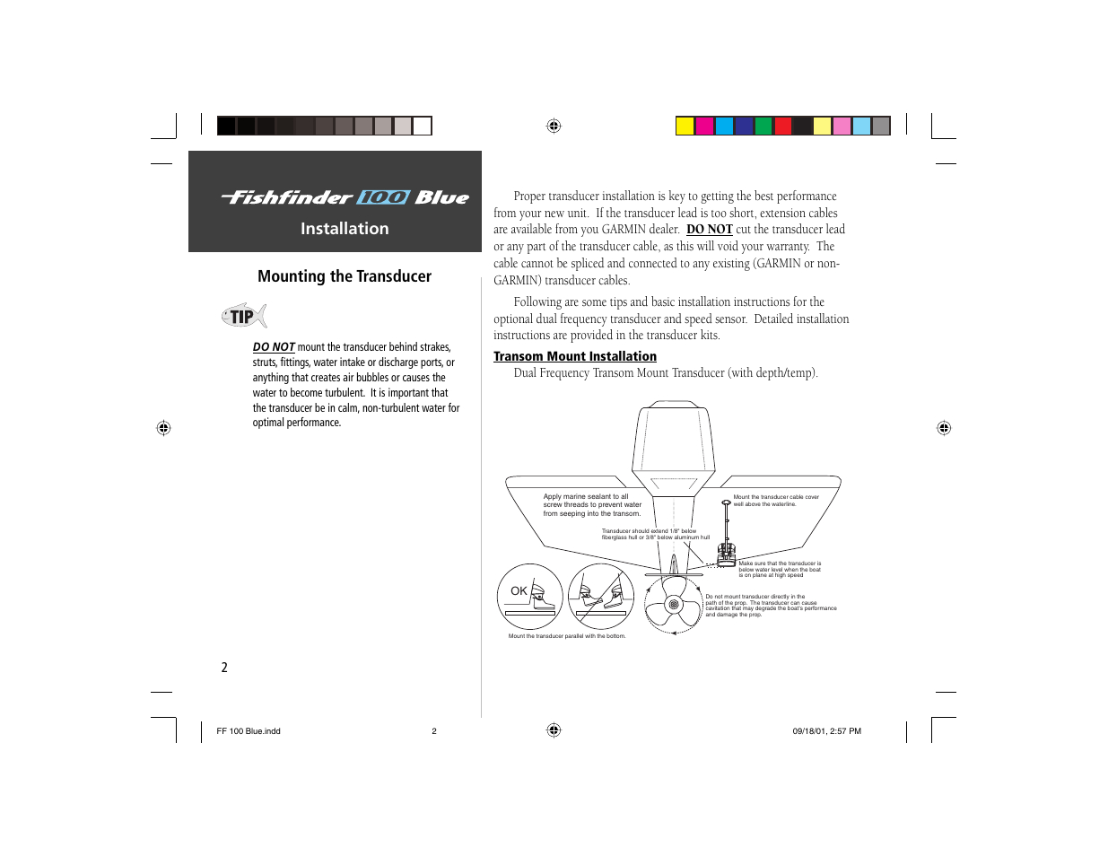 Installation mounting the transducer | Garmin 100 BLUE User Manual | Page 10 / 50