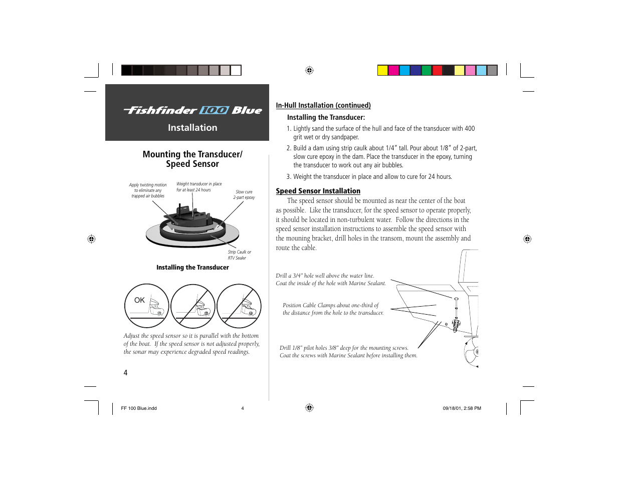 Installation mounting the transducer/ speed sensor | Garmin 100 BLUE User Manual | Page 12 / 50