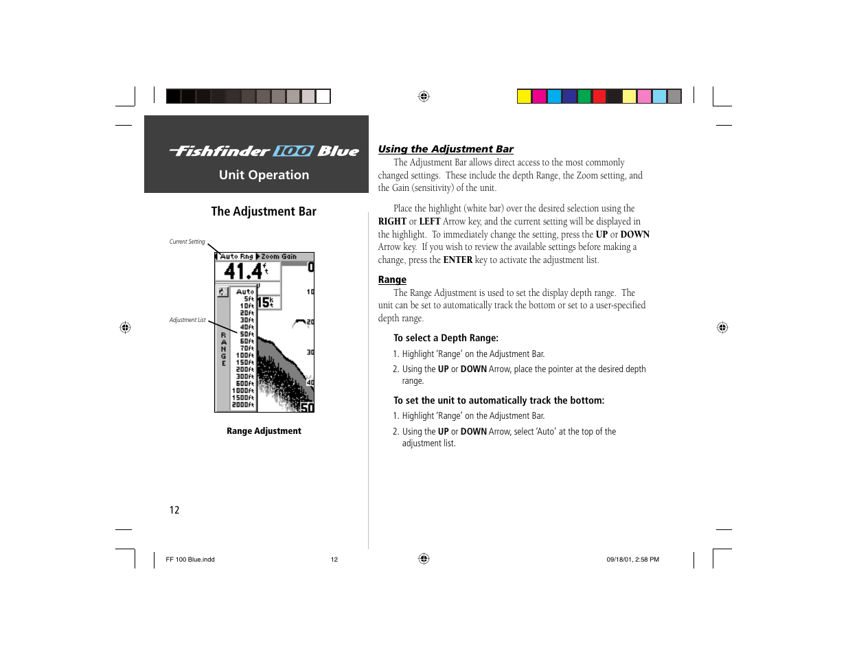 Unit operation the adjustment bar | Garmin 100 BLUE User Manual | Page 20 / 50