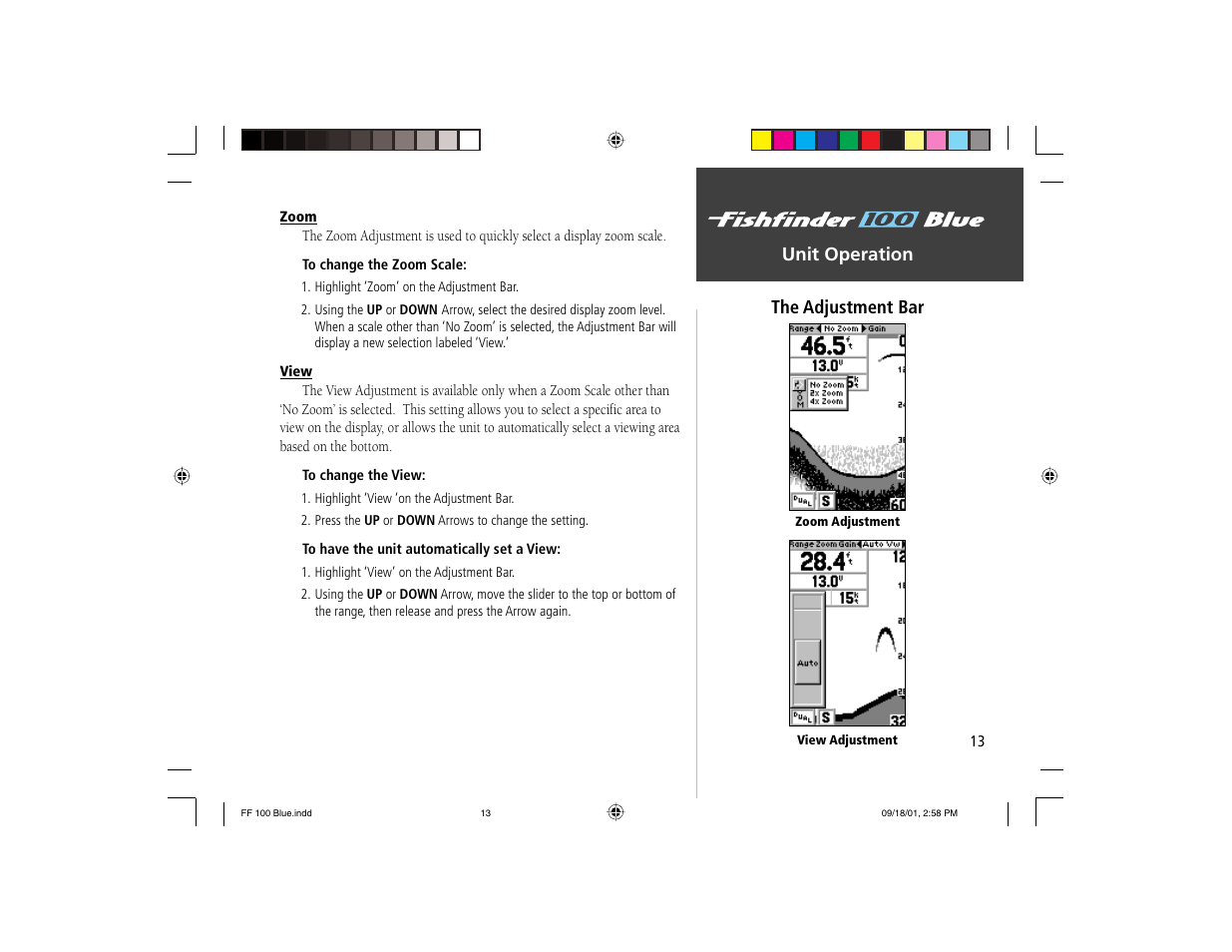 Unit operation the adjustment bar | Garmin 100 BLUE User Manual | Page 21 / 50