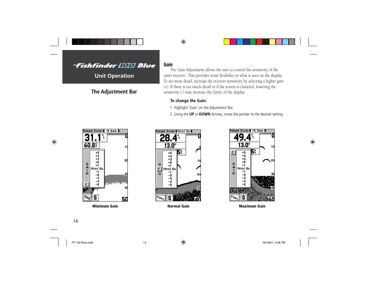 Unit operation, The adjustment bar | Garmin 100 BLUE User Manual | Page 22 / 50