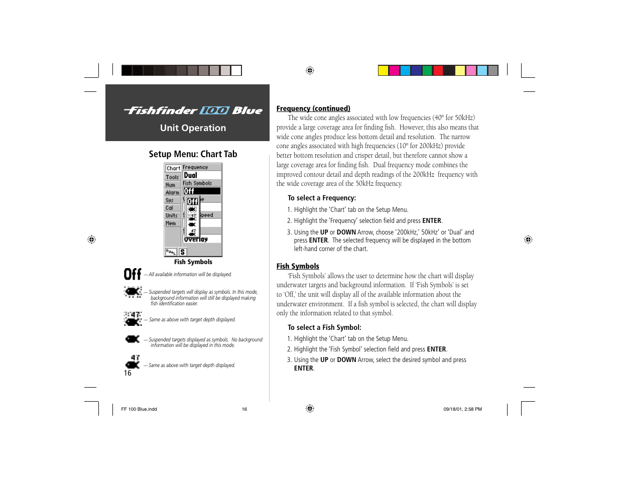Unit operation, Setup menu: chart tab | Garmin 100 BLUE User Manual | Page 24 / 50