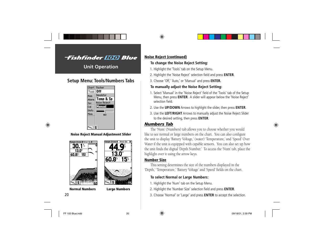 Unit operation setup menu: tools/numbers tabs | Garmin 100 BLUE User Manual | Page 28 / 50