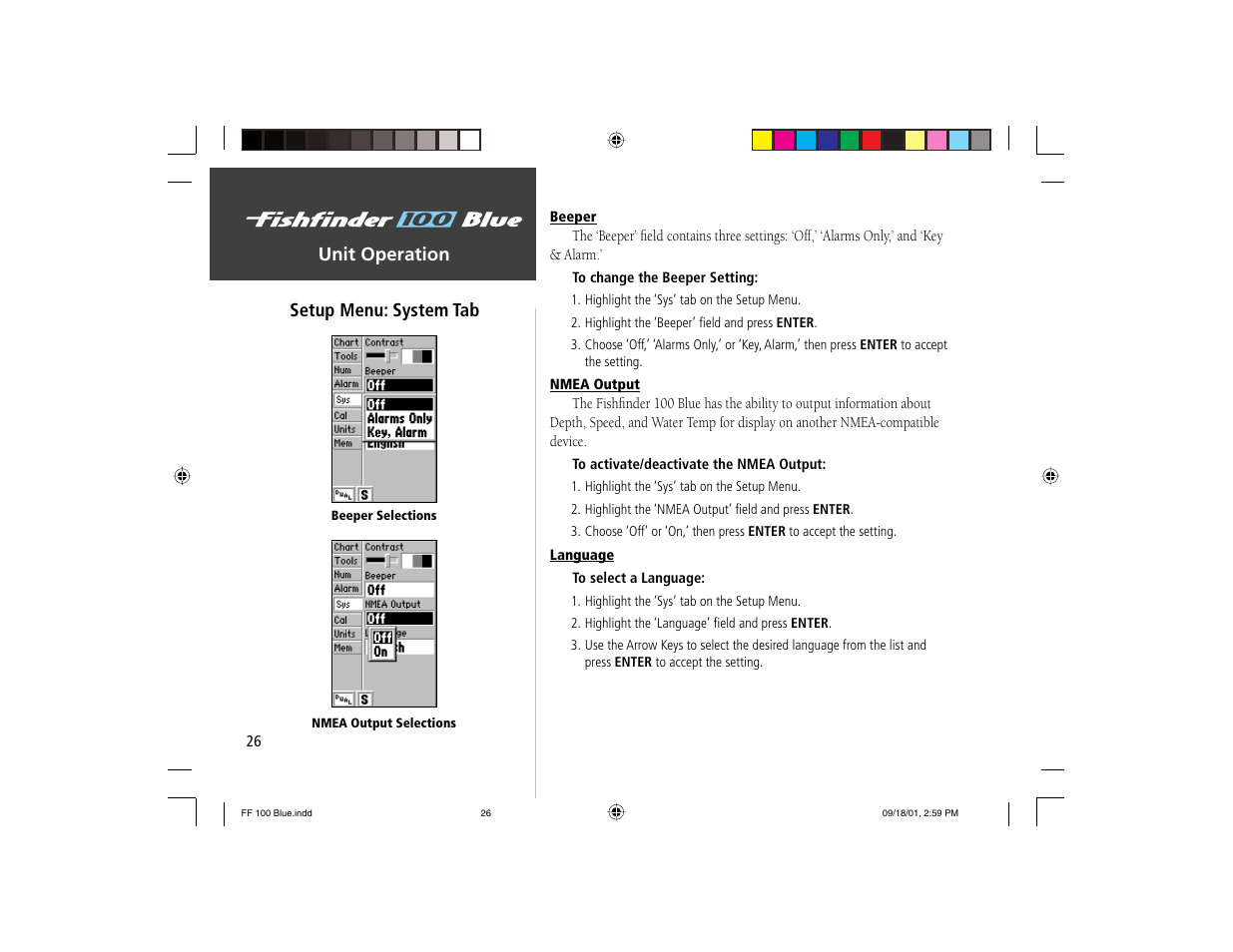 Unit operation, Setup menu: system tab | Garmin 100 BLUE User Manual | Page 34 / 50