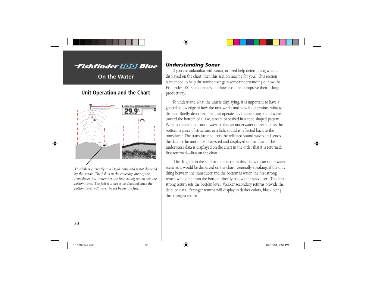 On the water, Unit operation and the chart | Garmin 100 BLUE User Manual | Page 38 / 50
