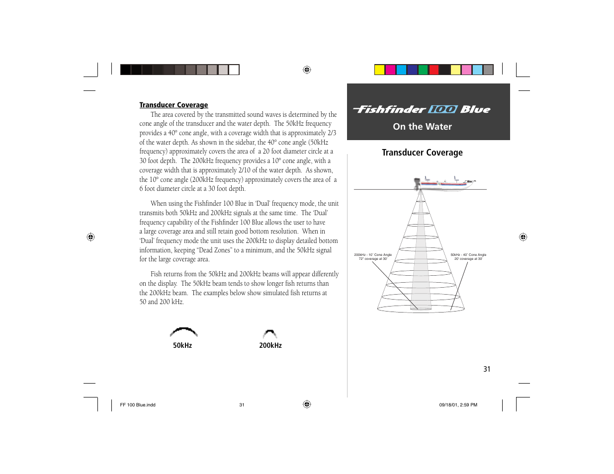 On the water, On the water transducer coverage | Garmin 100 BLUE User Manual | Page 39 / 50