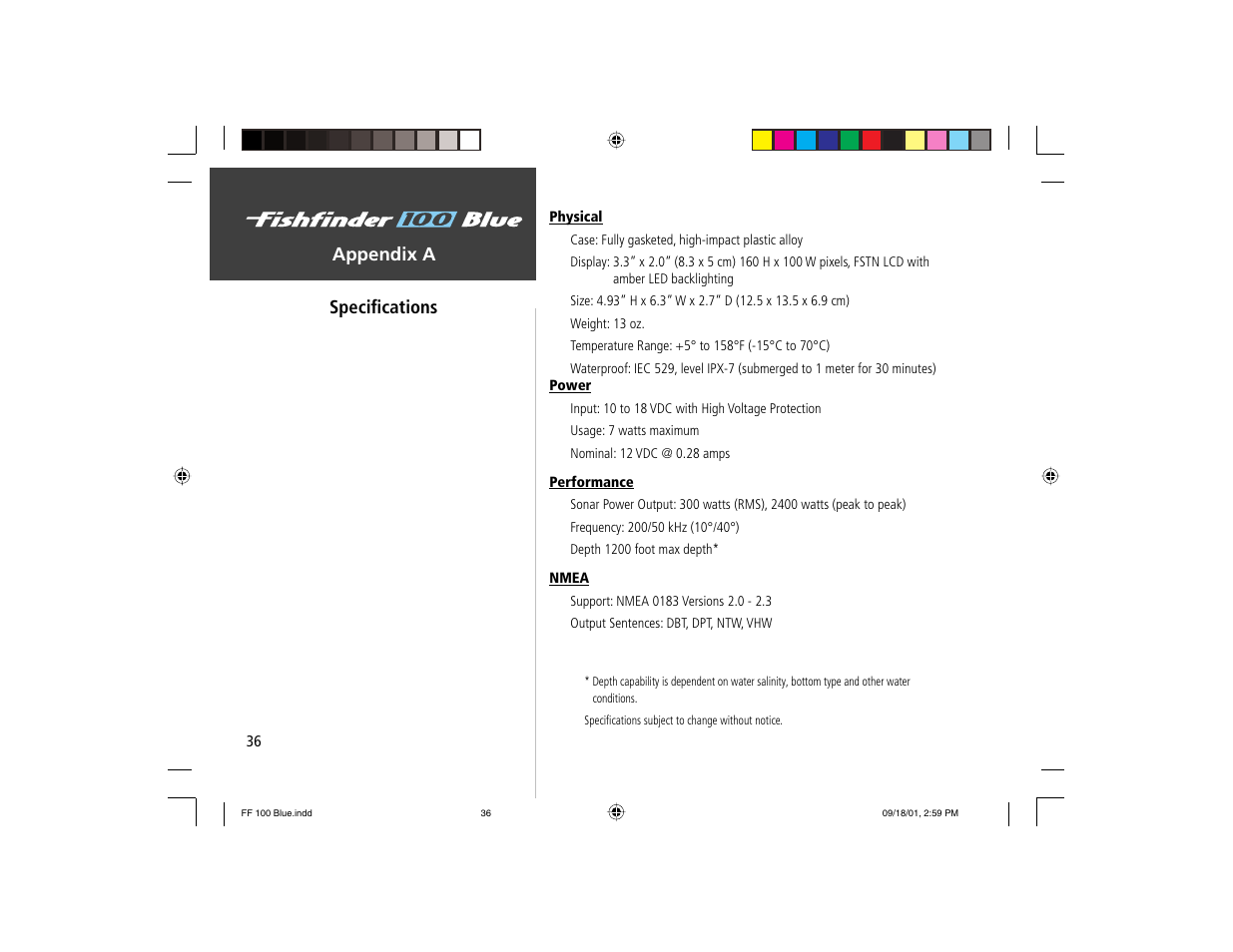On the water, Appendix a specifi cations | Garmin 100 BLUE User Manual | Page 44 / 50