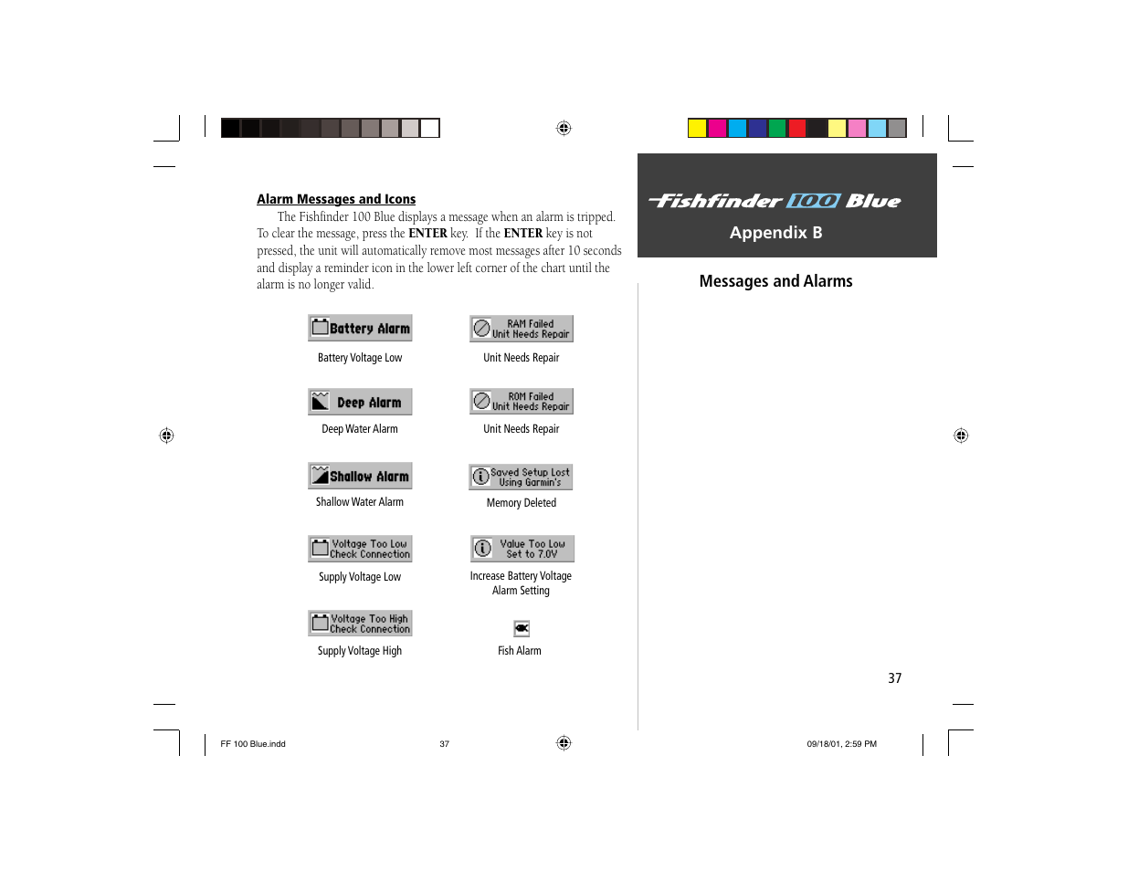 On the water appendix b, Messages and alarms | Garmin 100 BLUE User Manual | Page 45 / 50
