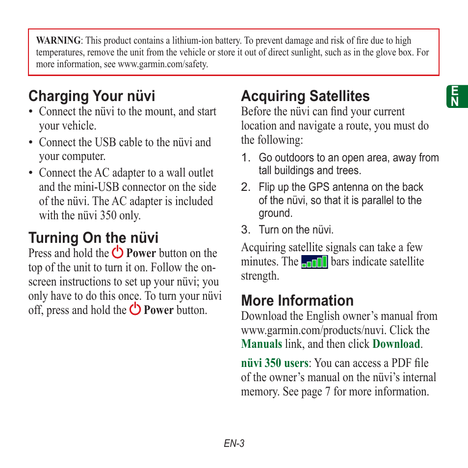 Charging your nüvi, Turning on the nüvi, Acquiring satellites | More information | Garmin nuvi 350 EN User Manual | Page 5 / 92