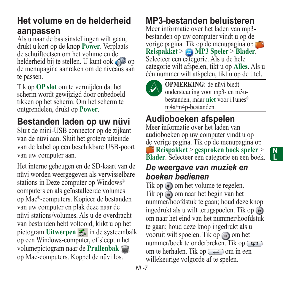 Het volume en de helderheid aanpassen, Bestanden laden op uw nüvi, Mp3-bestanden beluisteren | Audioboeken afspelen | Garmin nuvi 350 EN User Manual | Page 57 / 92